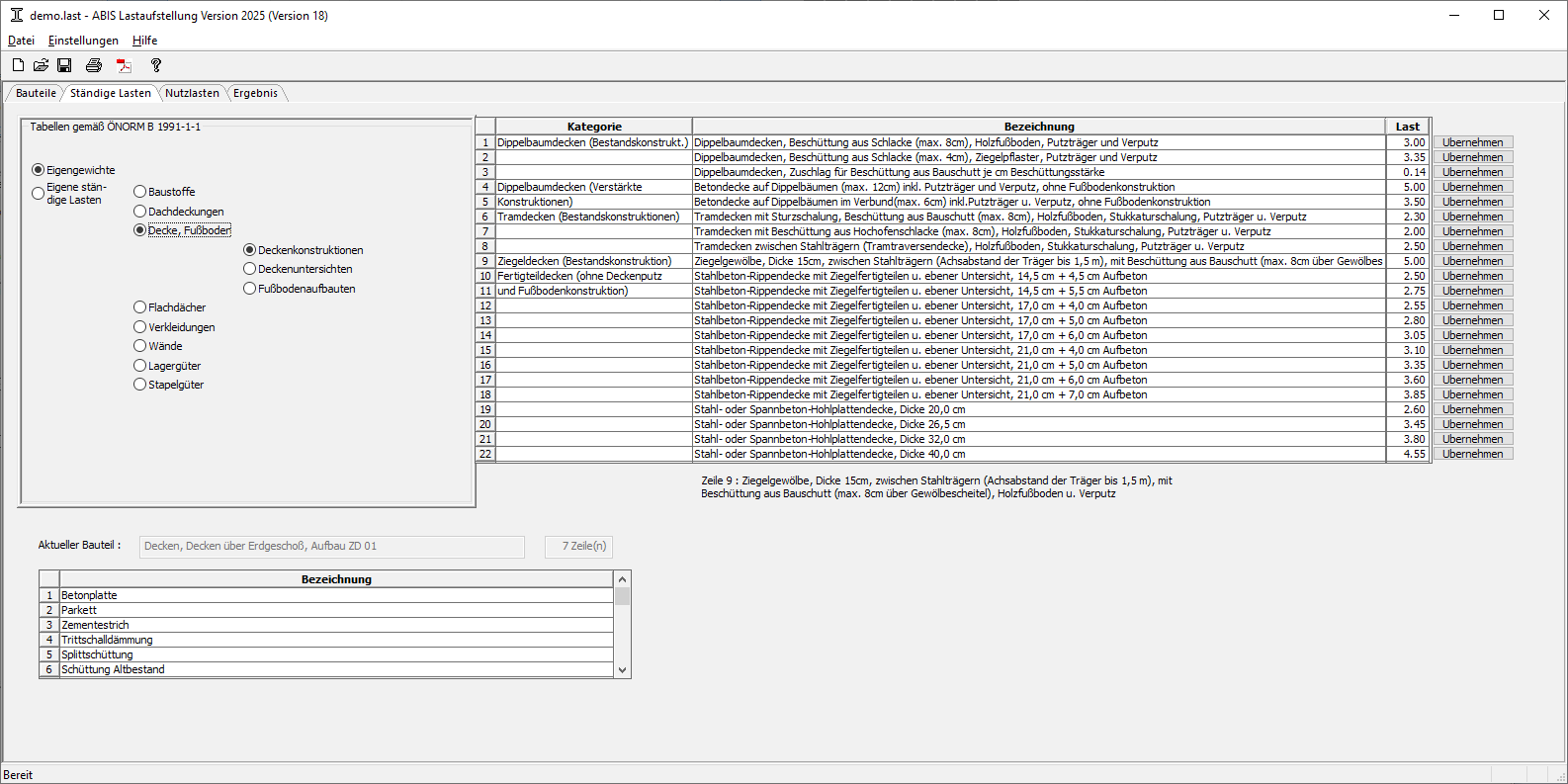 STATIK Lastaufstellung Eigengewicht