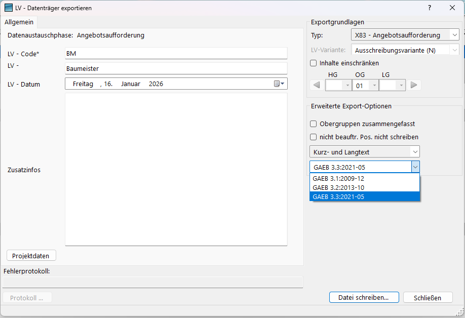 Export mit Auswahl GAEB 3.1, 3.2 oder 3.3