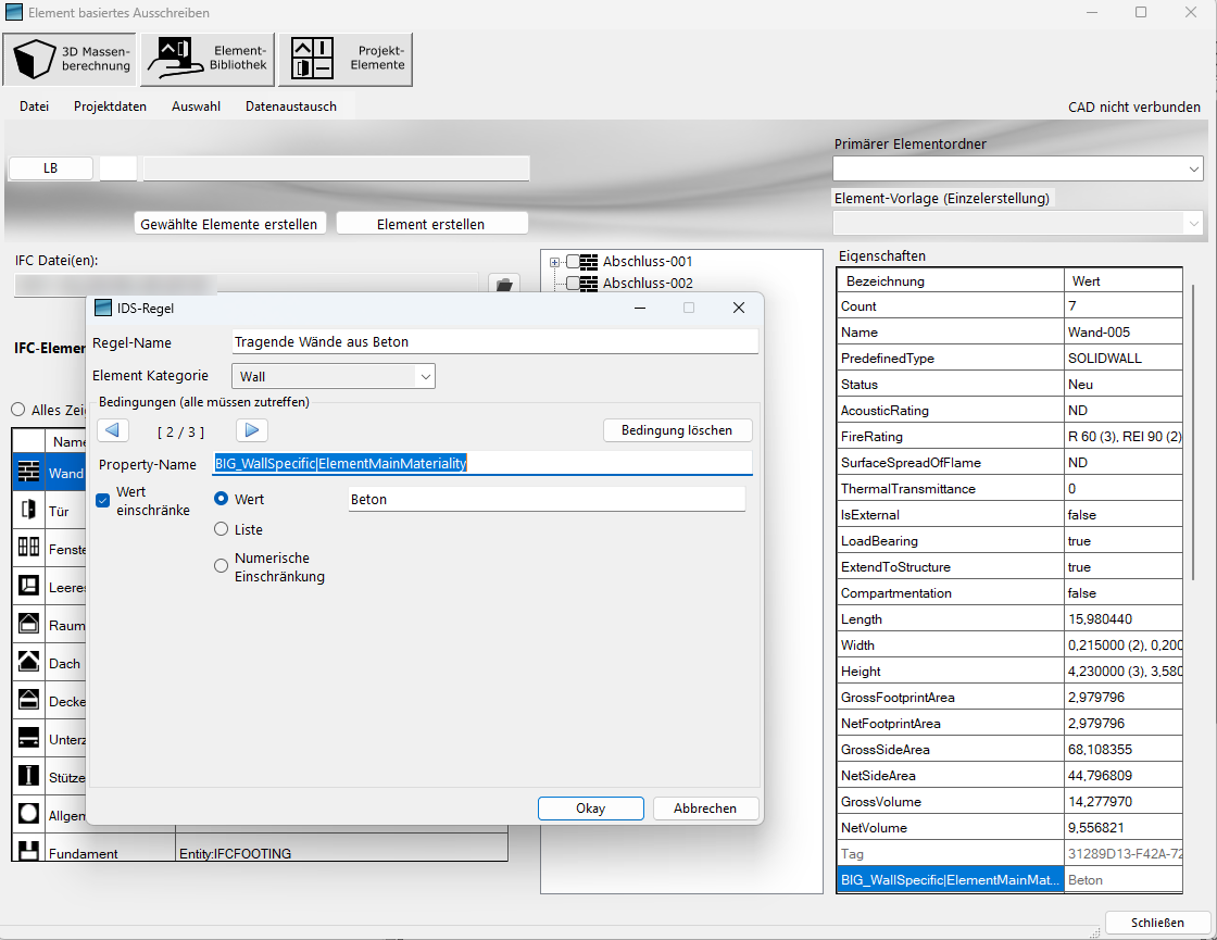 Regel-Editor mit mehreren Bedingungen neben dem IFC-Browser