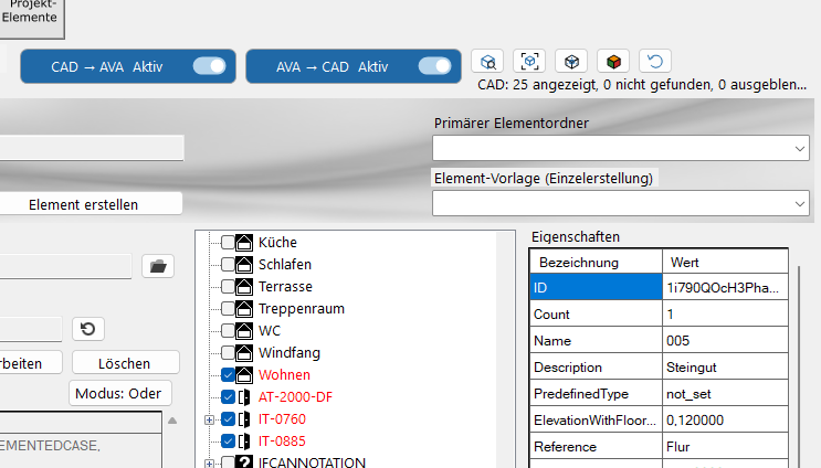 CAD-Leiste im Elemente-Fenster mit Richtungsschaltern und Status