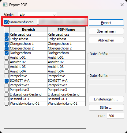 Bereichsexport PDF mit Option zusammenführen