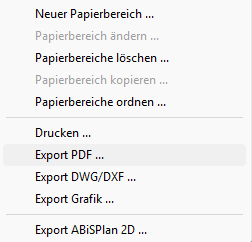Menü Bereich mit Export PDF, DWG/DXF und Grafik